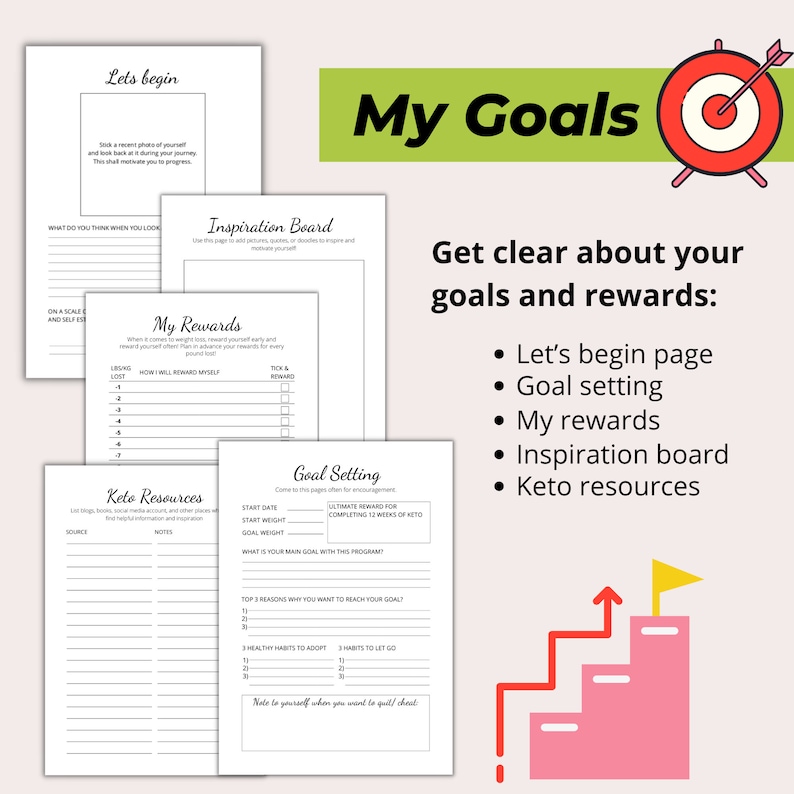 May include: A planner with pages for goal setting, including a 'Let's begin' page, 'My Rewards', and 'Keto Resources'. The image features a target with an arrow and text that reads 'My Goals' and 'Get clear about your goals and rewards'.
