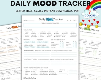 Daily Mood Tracker Printable, Self-Care Journal (PDF)