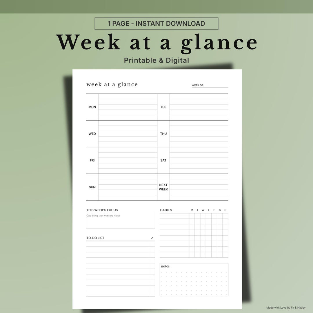 Week Tracker Pdf Week at A Glance Printable, Habit Tracker, Minimalist Planner (A4 A5 ...