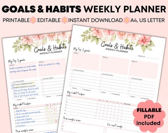 Floral Goal & Habit Weekly Planner, Fillable Editable PDF, A4/US Letter