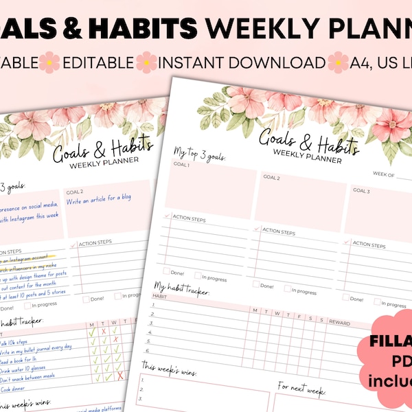 Editable Goal & Habit Weekly Planner. Editable PDF. Fillable PDF. Weekly Habit tracker. Weekly Goal Planner. Floral. A4, US Letter size