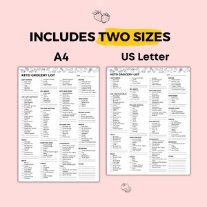 May include: A keto grocery list in two sizes, A4 and US Letter, with a pink background and illustrated food icons. The list is organised into categories like leafy greens, fruits, and dairy.