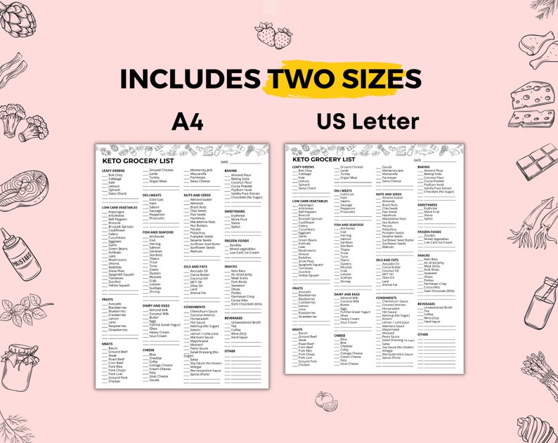 May include: A keto grocery list in two sizes, A4 and US Letter, with a pink background and illustrated food icons. The list is organised into categories like leafy greens, fruits, and dairy.