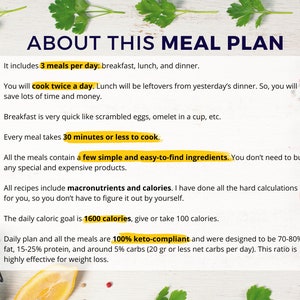 May include: A yellow and white graphic with the text "About This Meal Plan" and a list of bullet points describing a keto meal plan. The bullet points include information about the number of meals per day, cooking frequency, meal prep time, ingredients, calorie count, and macronutrient breakdown.