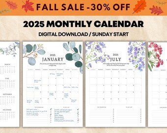 2025 Floral Monthly Calendar Printable, Sunday Start (Digital Download)