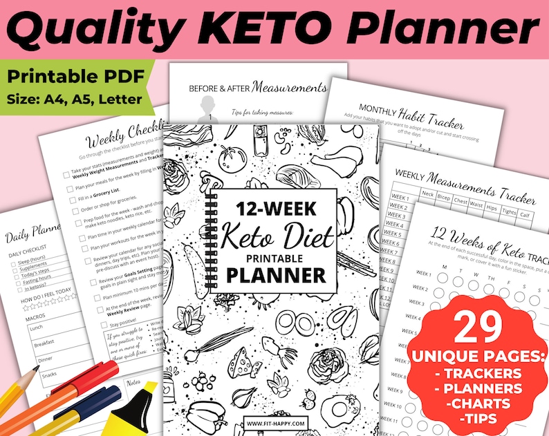 May include: A printable keto diet planner with the text "Quality KETO Planner." The planner includes a 12-week keto diet printable planner, weekly checklists, trackers, charts, and tips. The planner is available in A4, A5, and Letter sizes.