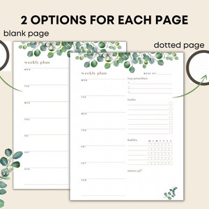 May include: Two-page layout of a weekly planner with the text "2 OPTIONS FOR EACH PAGE". One page is blank, the other is a dotted page. Both pages have a "weekly plan" header and eucalyptus leaf design.