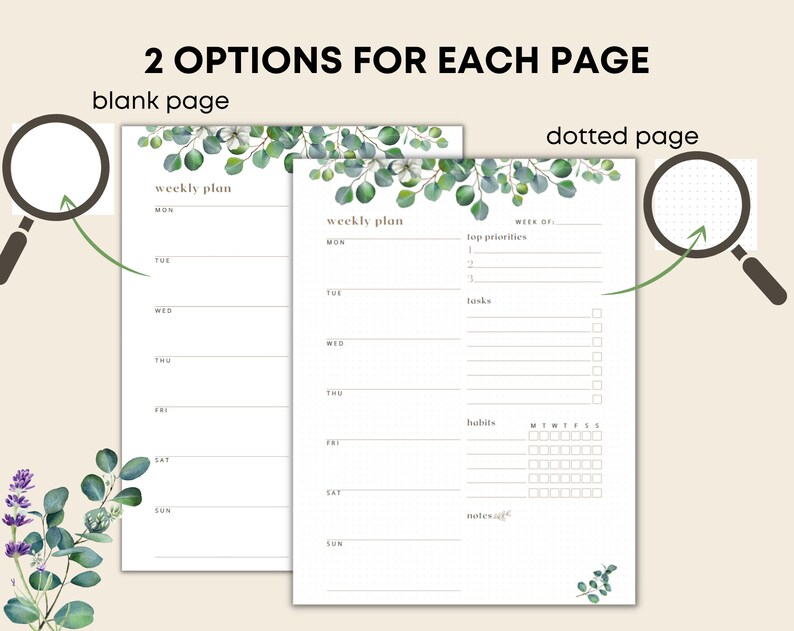 May include: Two-page layout of a weekly planner with the text "2 OPTIONS FOR EACH PAGE". One page is blank, the other is a dotted page. Both pages have a "weekly plan" header and eucalyptus leaf design.
