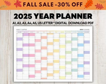 2025 Year Planner, One Page Wall Calendar (Digital Download)