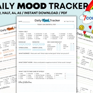 Daily Mood Tracker. Printable Mood Track PDF. Emotion tracker. Self care journal. Mood Journal. Mental health tracker. Anxiety Tracker