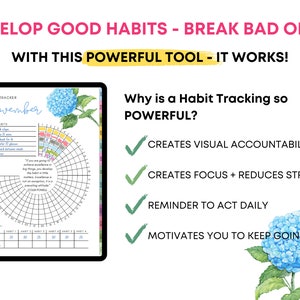 May include: A digital habit tracker for November, featuring a circular chart for daily habit tracking. The design includes text: "DEVELOP GOOD HABITS - BREAK BAD ONES" and "Why is a Habit Tracking so POWERFUL?" with floral accents.