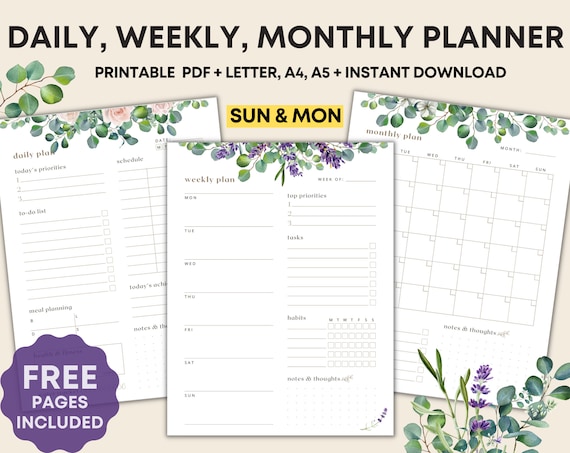 Daily Weekly Monthly Planner. Printable Planner. Planner Set. - Etsy