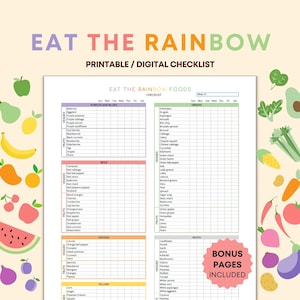 Eat the Rainbow Checklist Printable, Food list, Poster, Healthy Eating Chart for Kids, Shopping list, Food Colour Tracker & Meal Planner PDF