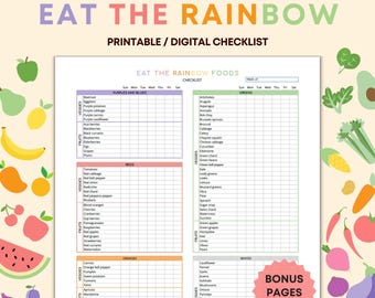 Eat the Rainbow Checklist Printable, Food list, Poster, Healthy Eating Chart for Kids, Shopping list, Food Colour Tracker & Meal Planner PDF