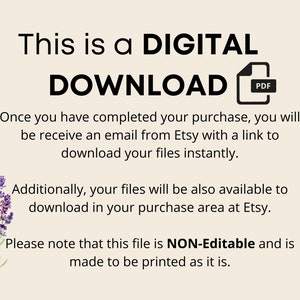 May include: A digital download graphic with the text "This is a DIGITAL DOWNLOAD" and a PDF icon. The text explains how to download the file after purchase. A sprig of lavender is in the lower left corner.