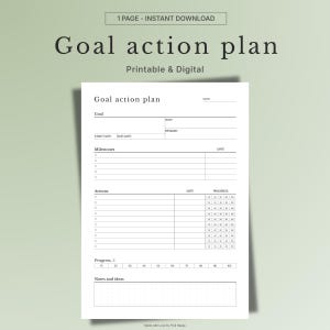 Puede incluir: Un plan de acción de objetivos imprimible y digital en papel blanco. El documento incluye secciones para objetivos, hitos, acciones y seguimiento del progreso. El texto en la parte superior dice "Goal action plan" y "1 PAGE - INSTANT DOWNLOAD".