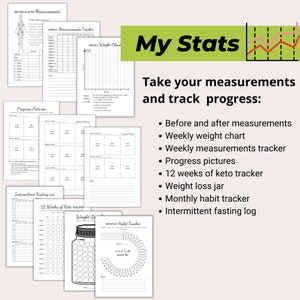 May include: A collection of printable pages for tracking health and fitness progress. Includes pages for before and after measurements, weekly weight charts, progress pictures, and a 12-week keto tracker. The text "My Stats" is displayed.