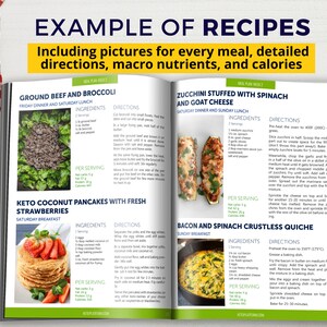 May include: A page from a recipe book with photos of three different meals: ground beef and broccoli, keto coconut pancakes with fresh strawberries, and zucchini stuffed with spinach and goat cheese. Each recipe includes a list of ingredients, directions, and nutritional information per serving.