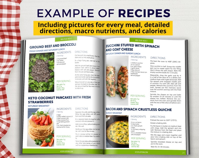 May include: A page from a recipe book with photos of three different meals: ground beef and broccoli, keto coconut pancakes with fresh strawberries, and zucchini stuffed with spinach and goat cheese. Each recipe includes a list of ingredients, directions, and nutritional information per serving.