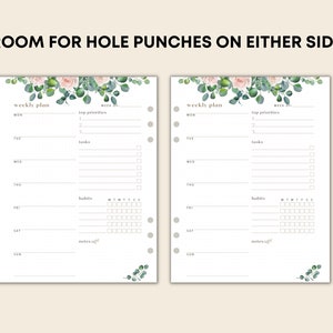 May include: Two weekly planner pages with floral decorations. Each page includes sections for daily plans, top priorities, tasks, and habit tracking. The text "ROOM FOR HOLE PUNCHES ON EITHER SIDE" is at the top.