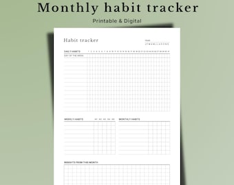 Minimalist Monthly Habit Tracker, A4 A5 Letter iPad (PDF Printable)