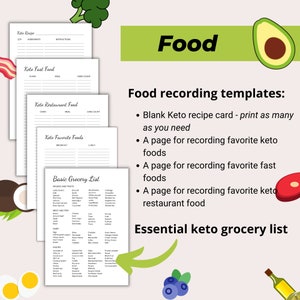 May include: A collection of printable keto diet templates, including a recipe card, a grocery list, and pages for recording favorite foods and restaurant meals. The image features text and illustrations of food items like avocado and blueberries.