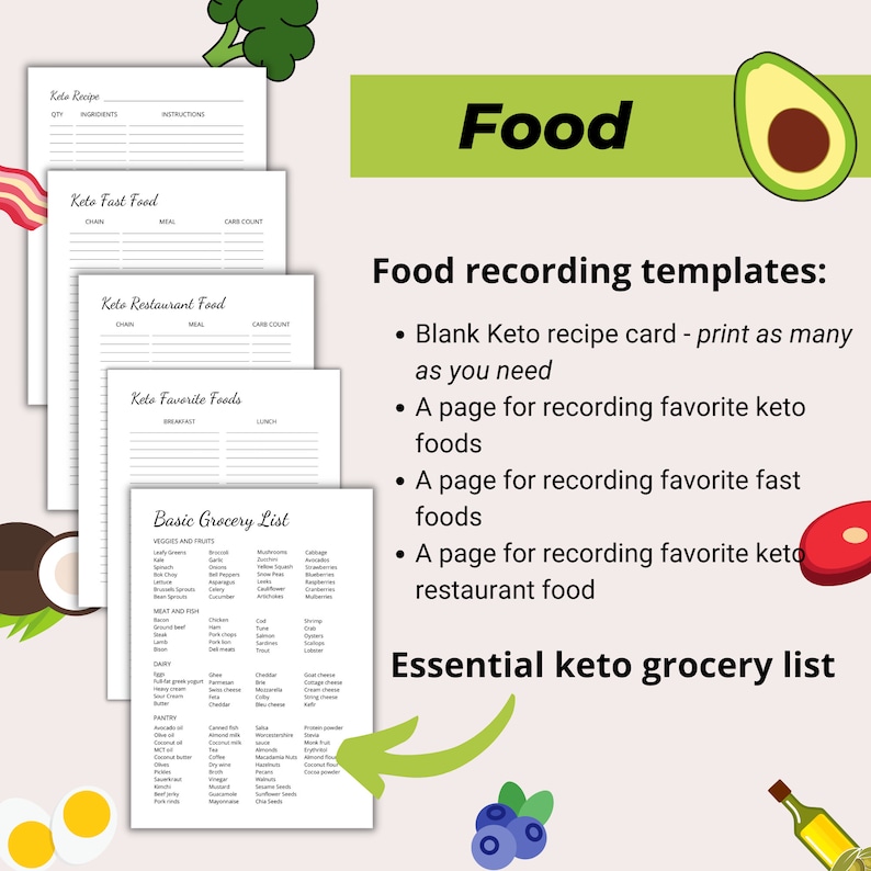May include: A collection of printable keto diet templates, including a recipe card, a grocery list, and pages for recording favorite foods and restaurant meals. The image features text and illustrations of food items like avocado and blueberries.
