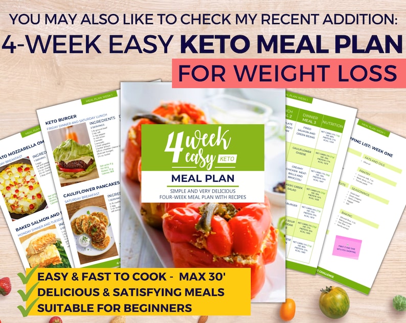 May include: A collection of keto meal plan pages with recipes and nutritional information. The central image features a green and white cover that reads "4 Week Easy Keto Meal Plan". The text "Easy & Fast to Cook - Max 30'" is also visible.