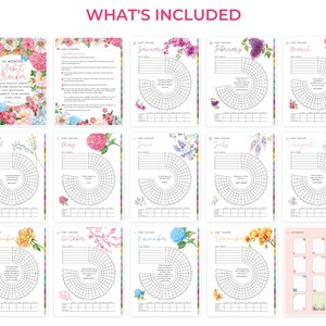 May include: A collection of 12-month habit trackers with floral designs. Each month's tracker features a circular chart for tracking habits, with space for notes. The set includes a cover page and a notes page, all with watercolor flower borders.