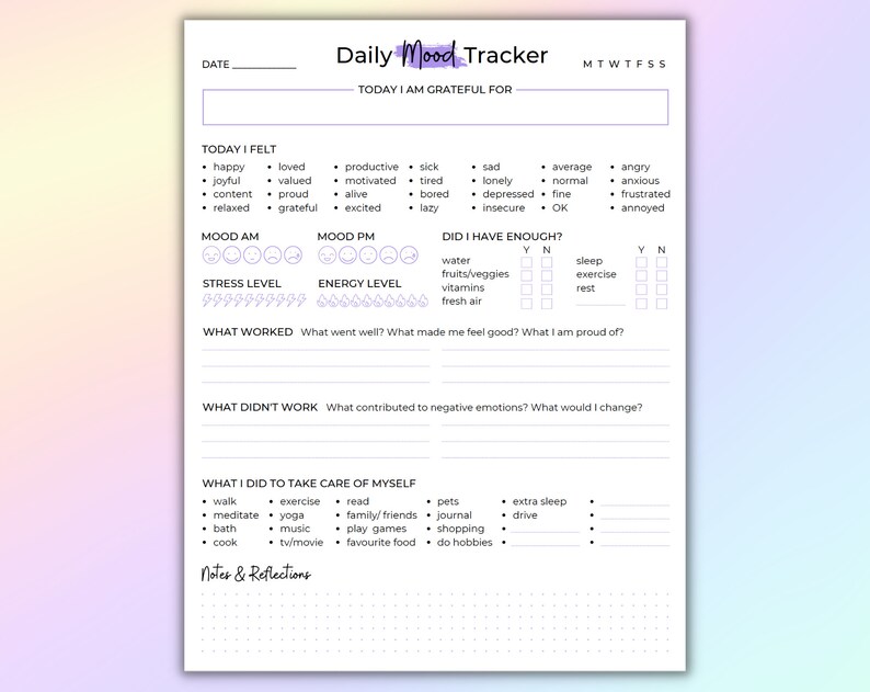 Daily Mood Tracker. Printable Mood Track PDF. Emotion Tracker. - Etsy