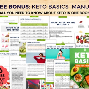 May include: A colorful digital guide titled "Keto Basics Manual: All You Need to Know About Keto in One Book" with a green background and images of food. The guide includes information on keto-friendly alternatives, what to eat on the keto diet, common keto diet mistakes, and how to go keto in three steps. The guide also includes a section on keto sweeteners and a keto diet from A to Z.