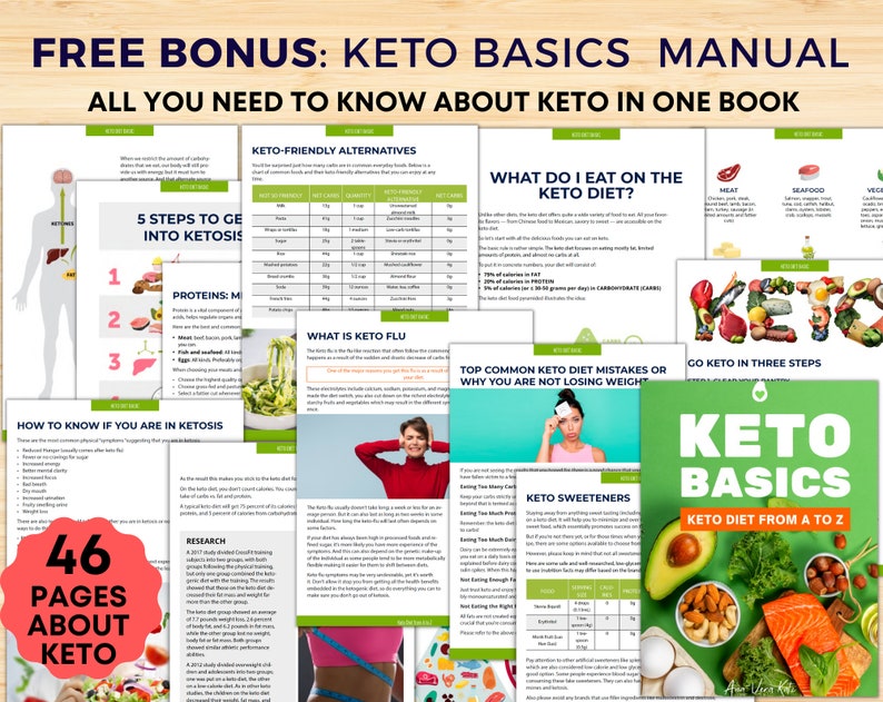 May include: A colorful digital guide titled "Keto Basics Manual: All You Need to Know About Keto in One Book" with a green background and images of food. The guide includes information on keto-friendly alternatives, what to eat on the keto diet, common keto diet mistakes, and how to go keto in three steps. The guide also includes a section on keto sweeteners and a keto diet from A to Z.