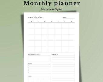 Monthly Planner Printable, Goals and To-Do List, A4 A5 Letter iPad (PDF Instant Download)