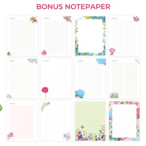 May include: A collection of notepaper sheets with floral watercolor designs. Each sheet features a different layout, including lined, dotted, and grid patterns. The top of the image reads "BONUS NOTEPAPER". The edges of the image are decorated with watercolor flowers.