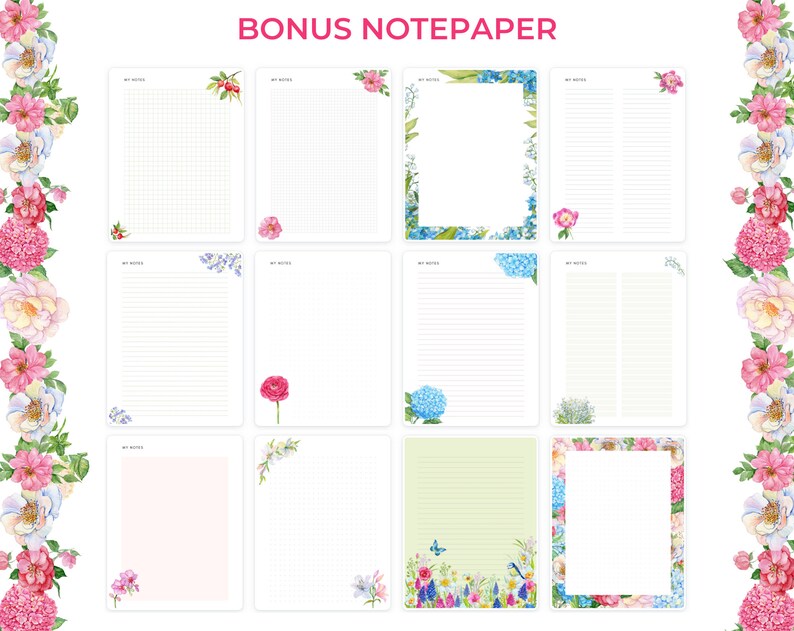May include: A collection of notepaper sheets with floral watercolor designs. Each sheet features a different layout, including lined, dotted, and grid patterns. The top of the image reads "BONUS NOTEPAPER". The edges of the image are decorated with watercolor flowers.