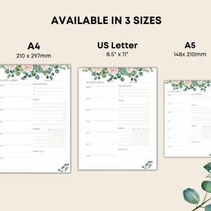 May include: White weekly planner available in three sizes: A4 (210 x 297mm), US Letter (8.5" x 11"), and A5 (148 x 210mm). Each planner has a floral design and sections for weekly plans, top priorities, tasks, and habits.