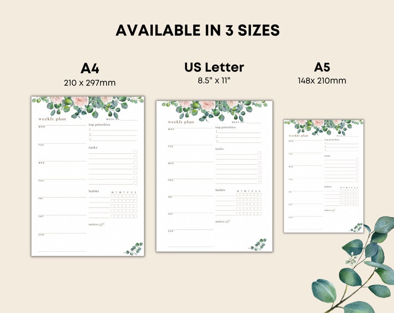 May include: White weekly planner available in three sizes: A4 (210 x 297mm), US Letter (8.5" x 11"), and A5 (148 x 210mm). Each planner has a floral design and sections for weekly plans, top priorities, tasks, and habits.