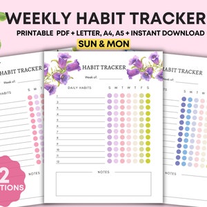 May include: Three printable weekly habit trackers with floral accents. Each tracker features a "Habit Tracker" header, a section for daily habits, and a space for notes. The trackers are available in 12 variations and are designed for instant download.