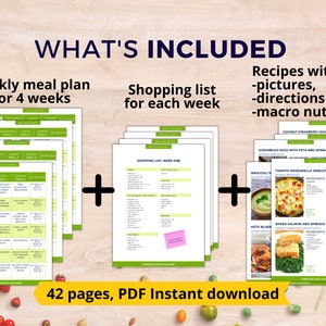May include: A digital download for a 4-week keto meal plan with 42 pages of recipes, shopping lists, and meal plans. The meal plan includes recipes with pictures, directions, and macro nutrients.