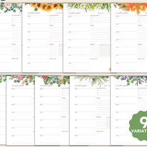 May include: Nine weekly planner pages with floral and botanical designs. Each page has sections for daily tasks, top priorities, and habits. The pages are decorated with watercolour illustrations of sunflowers, leaves, and flowers.