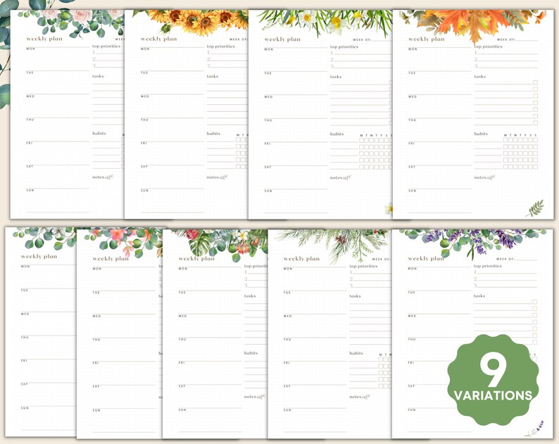 May include: Nine weekly planner pages with floral and botanical designs. Each page has sections for daily tasks, top priorities, and habits. The pages are decorated with watercolour illustrations of sunflowers, leaves, and flowers.