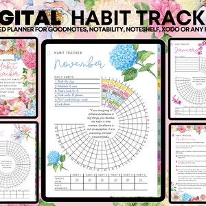 May include: Digital habit tracker with floral accents. The undated planner is designed for GoodNotes, Notability, Noteshelf, Xodo, or any PDF app. Includes pages for 12 months, with daily habit tracking and goal setting.