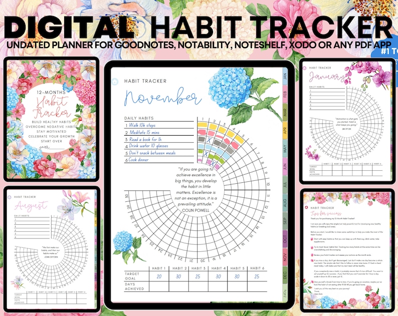 May include: Digital habit tracker with floral accents. The undated planner is designed for GoodNotes, Notability, Noteshelf, Xodo, or any PDF app. Includes pages for 12 months, with daily habit tracking and goal setting.