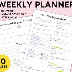 Weekly Planner Printable, Simple Weekly Schedule, Student Planner, To-Do List, Undated digital planner, A4, A5, Letter, PDF