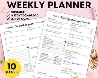 Weekly Planner Printable, Simple Weekly Schedule, Student Planner, To-Do List, Undated digital planner, A4, A5, Letter, PDF