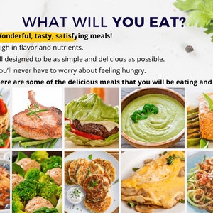 May include: A collage of nine images showcasing various delicious and healthy meal options. The meals include pancakes with strawberries, pork chops, a lettuce-wrapped burger, green soup, salmon with asparagus, pancakes with blueberries, chicken meatballs with broccoli, potato pancakes, and an omelet with mushrooms.