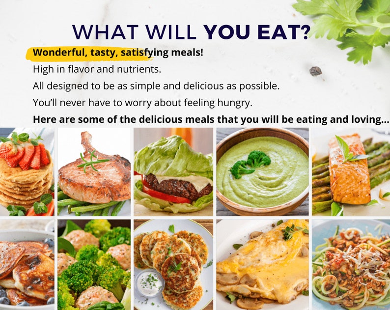 May include: A collage of nine images showcasing various delicious and healthy meal options. The meals include pancakes with strawberries, pork chops, a lettuce-wrapped burger, green soup, salmon with asparagus, pancakes with blueberries, chicken meatballs with broccoli, potato pancakes, and an omelet with mushrooms.