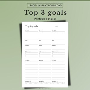 May include: A printable and digital planner page with the text "Top 3 goals." The page includes sections for goals, why, rewards, milestones, actions, and progress tracking. The design is simple and clean, with a white background.
