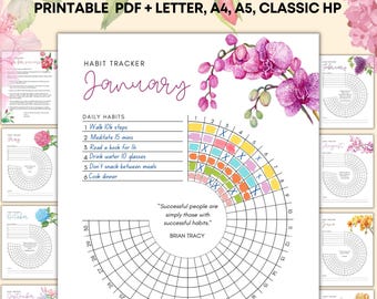 Daily Habit Tracker Bundle Monthly Printable, Floral Habit Tracker, Circle Wheel, 12 Months Tracker, Atomic habits, habit pages, pdf digital