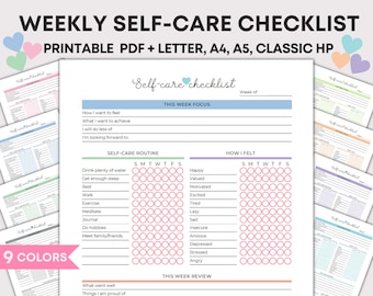 Weekly Self Care Checklist Printable, Undated Planner (PDF)
